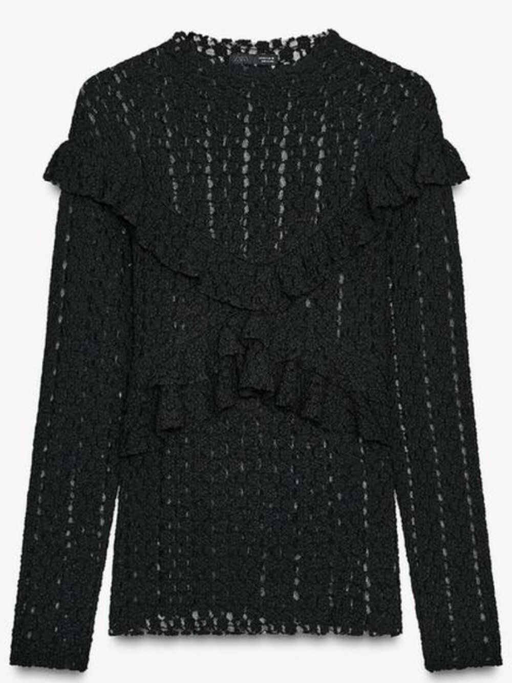 NWT Zara Black Ruffled Lace Long Sleeve Top Med.